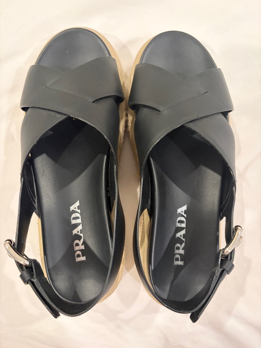 Prada Black Leather platform Espadrille Sandals authentic 38.5 women’s